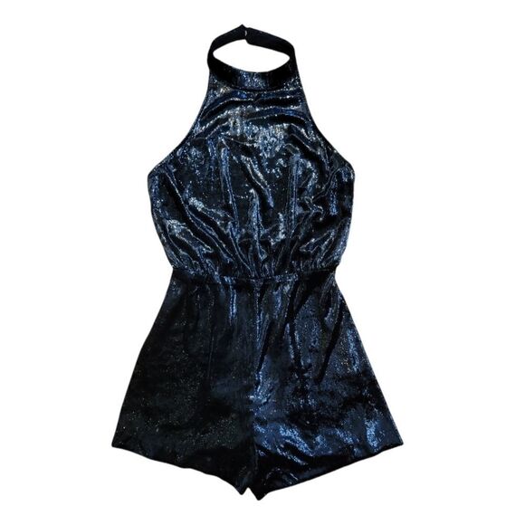 LUSH Black Textured Shiney Shimmer Halter backless Romper S - Picture 2 of 13